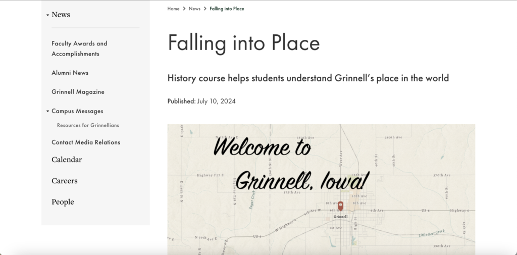 Screenshot of "Falling into Place" article on Grinnell website